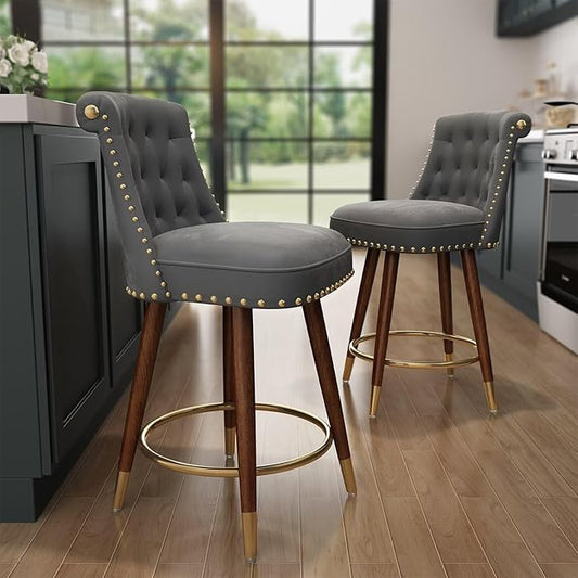 24" Counter Height Bar Stools Set of 4, Swivel Counter Stools with Back, Upholstered Velvet Stools for Kitchen Counter with Wood Legs, Fabric in Gray