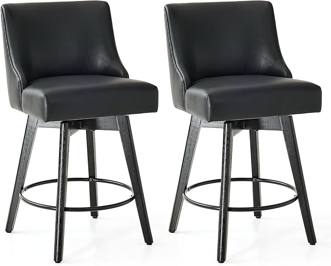 Vipbear Counter Height Bar Stools Set of 2, 26" H Swivel Bar Stools with Backs, PU Leather Upholstered Bar Chairs with Solid Wood Legs for Kitchen Island, Dining Room, Home Bar, Black