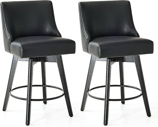 Vipbear Counter Height Bar Stools Set of 2, 26" H Swivel Bar Stools with Backs, PU Leather Upholstered Bar Chairs with Solid Wood Legs for Kitchen Island, Dining Room, Home Bar, Black