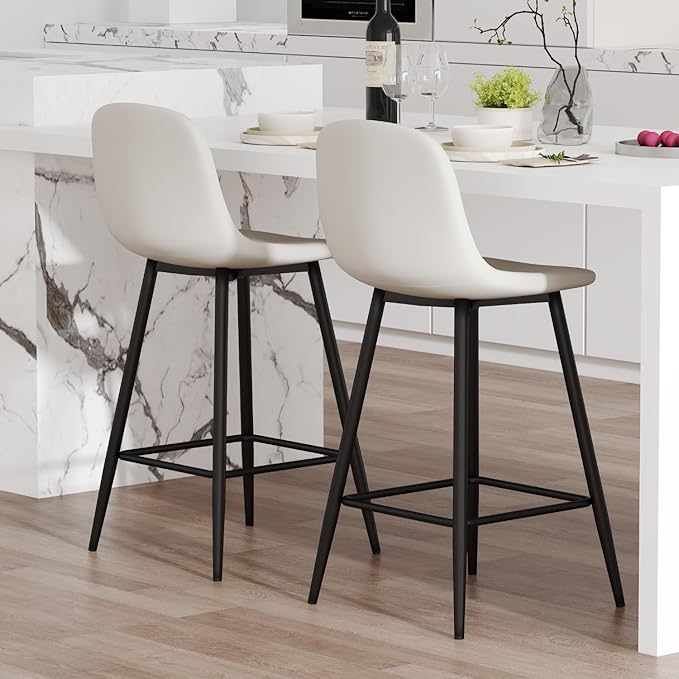 White Barstools Set of 2, 24.6" Counter Height Bar Stools with Back & Metal Footrest, Modern Island Chairs Set of 2 for Kitchens Island Home Bar