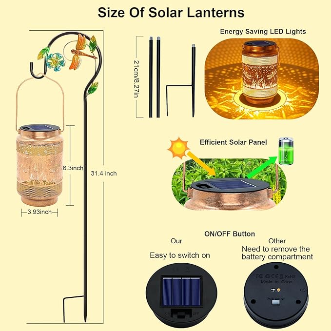 Dragonfly Solar Lanterns Outdoor Waterproof with Shepherd Hook, Birthday Gifts for Christmas Women Mom Grandma, Metal Solar Hanging Lights Garden Decor for Outside Yard Patio Pathway Backyard Porch