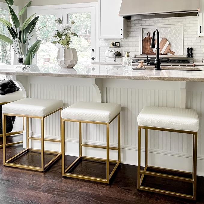 PHI VILLA Bar Stools Set of 3 - Thick Cushion Metal Steel Frame Base with Footrest Kitchen Stools, Gold Bar stools