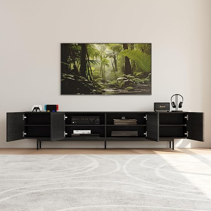 POVISON Full Assembled Mid-Century Modern TV Stand with Slatted Doors, Wood Media Console for 80 85+ Inch TV, TV Console with Tall-cast Metal Legs, Entertainment Center with Storage for Living Room