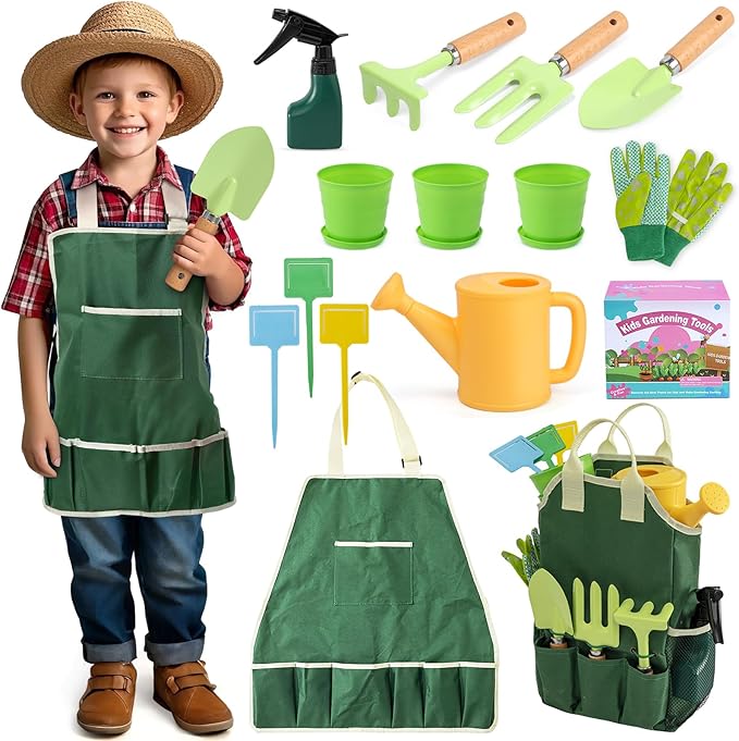 Kids Gardening Tools Set, Garden Toys w/Wooden Handle Alloy Rake,Fork,Trowel, Watering Can,Gloves,Tote Bag,Plant pots, DIY Bookmark Kits, Spring Summer Toy Outdoor Gift for Toddler Boy Girl