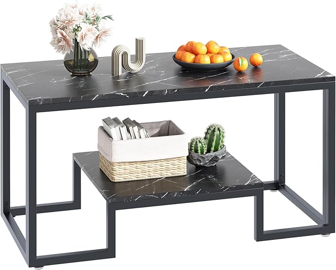 Coffee Table Black Table for Living Room,2 Tiers Rectangle Center Table with Sturdy Metal Frame,Modern Black Faux Marble Coffee Table for Bedroom Home Office