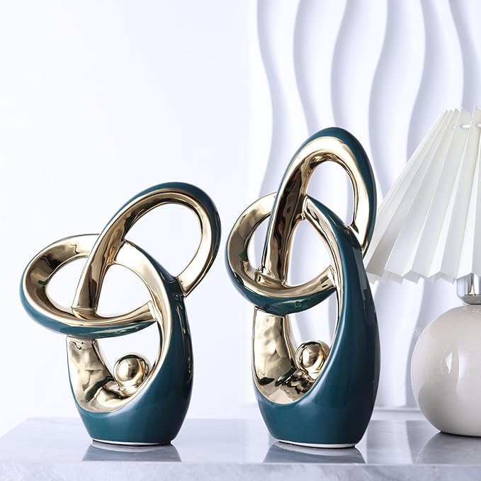 Teal Gold Modern Abstract Art Home Decor Accent,Statues Coffee Table Decor for Living Room,Table Centerpieces for Dining Room,Ceramic Sculptures and Gold Knick Knacks for TV Stand Decor (Green Gold)