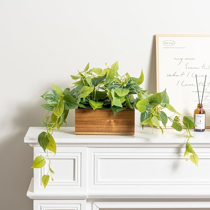 MyGift Vibrant Lifelike Artificial Plant Pothos Leafy Vine Greenery in Natural Solid Acacia Wood Rectangular Planter Box