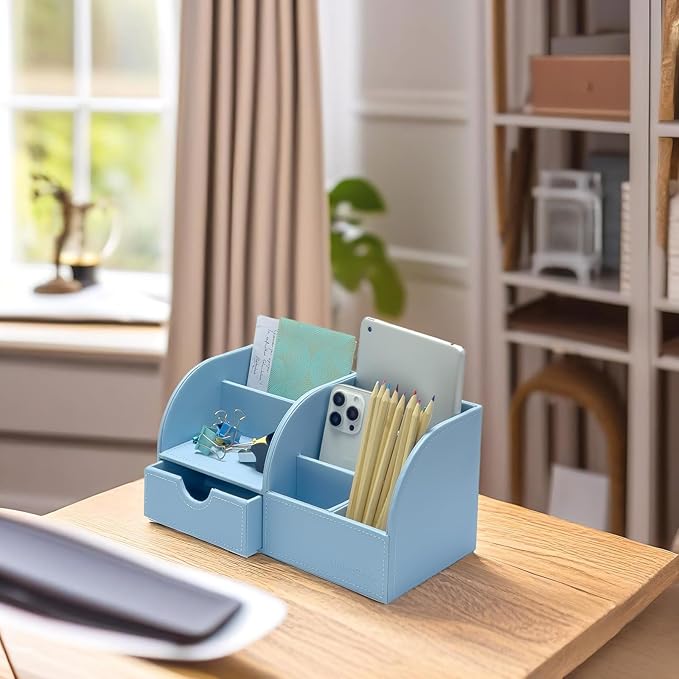 UnionBasic Desk Organizer - Multifunctional Leather Desktop Pen Holder Storage Box - Business Card/Pen/Pencil/Mobile Phone/Stationery Holder, Blue