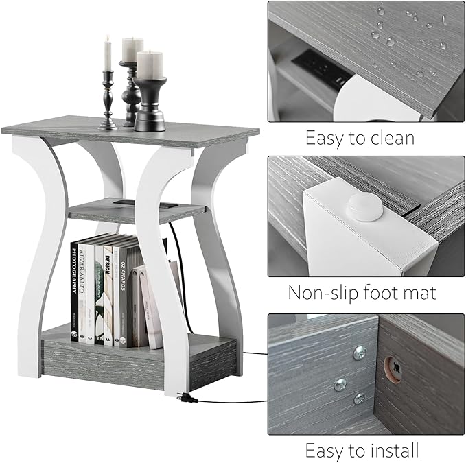 End Tables Living Room, Grey End Table with Charging Station, Grey Side Table, Nightstand for Bedroom, 3 Tier End Table with Storage Shelf for Living Room