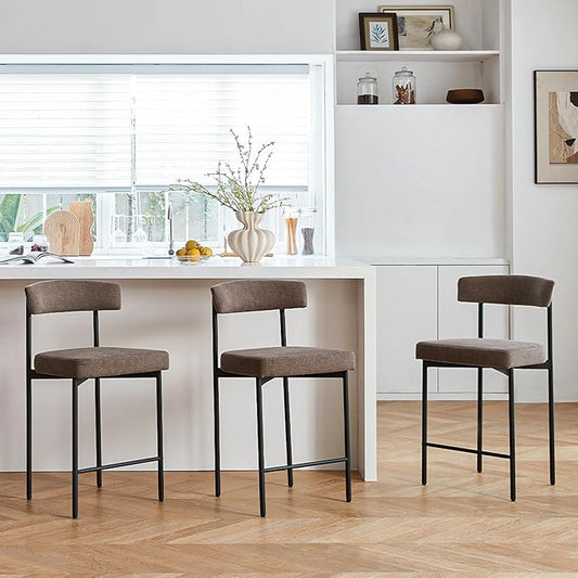 Grey Modern Bar Stools Set of 3, 24 Inch Counter Stools with Curved Backrest, Counter Height Bar Stools for Kitchen Island