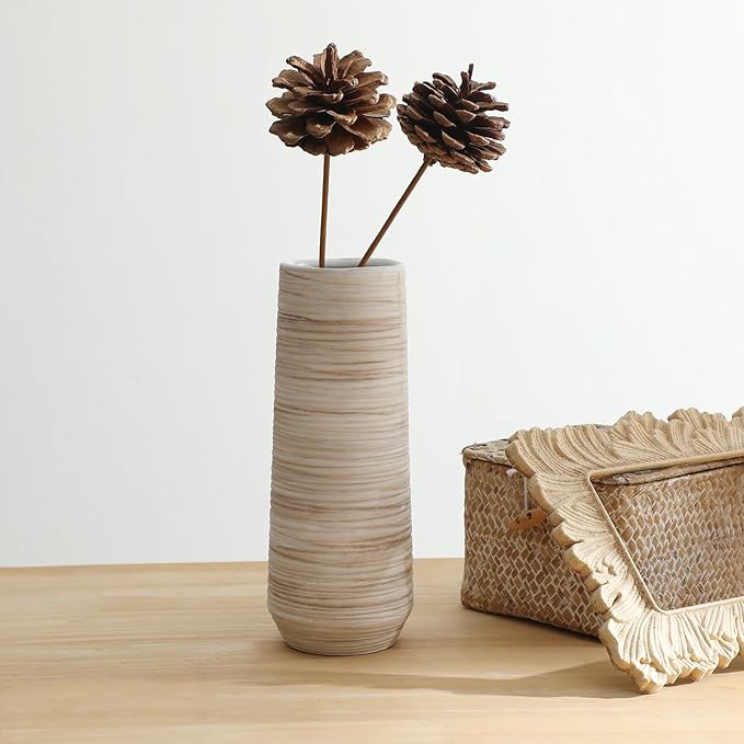 ALMA 9 Inch White Ceramic Vase for Dried Flower Bouquet, Small Cream Pampas Grass Vase for Home Decor, Beige Rustic Vase for Tabletop Centerpieces, Bookshelf, Mantle, Living Room