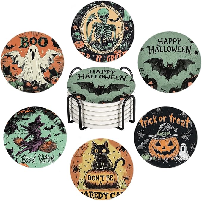 Halloween Drink Absorbent Coasters with Holder Set of 6, Ceramic Stone with Cork Base, Vintage Pumpkin Coaster for Drinks, Gift for Housewarming Room Bar Home Decor Kitchen