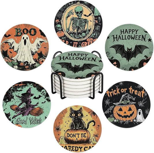 Halloween Drink Absorbent Coasters with Holder Set of 6, Ceramic Stone with Cork Base, Vintage Pumpkin Coaster for Drinks, Gift for Housewarming Room Bar Home Decor Kitchen