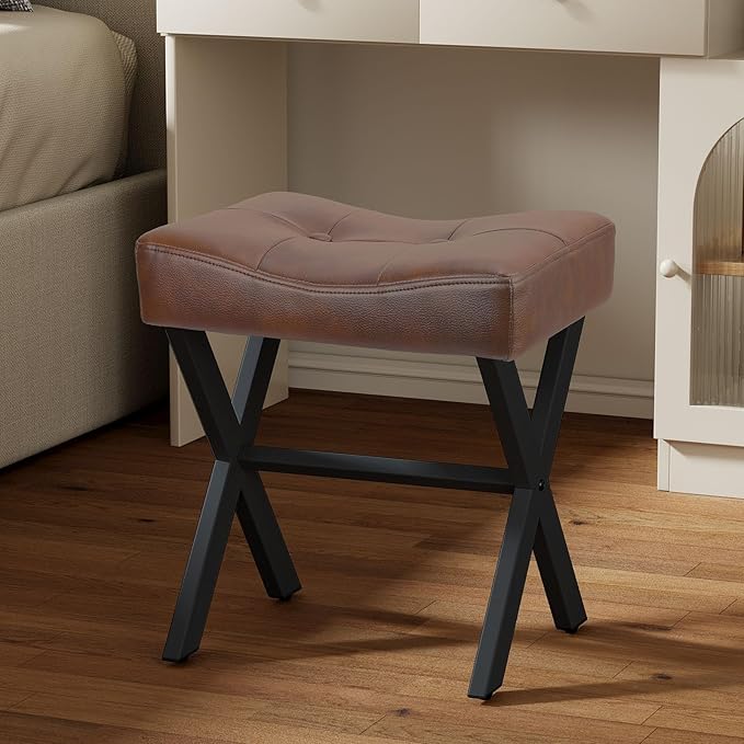 18-Inch Leather Vanity Stool Chair, Vanity Bench with Metal X-Leg, Ottoman Accent Stool with Thick Padded Saddle Seat, Dark Brown