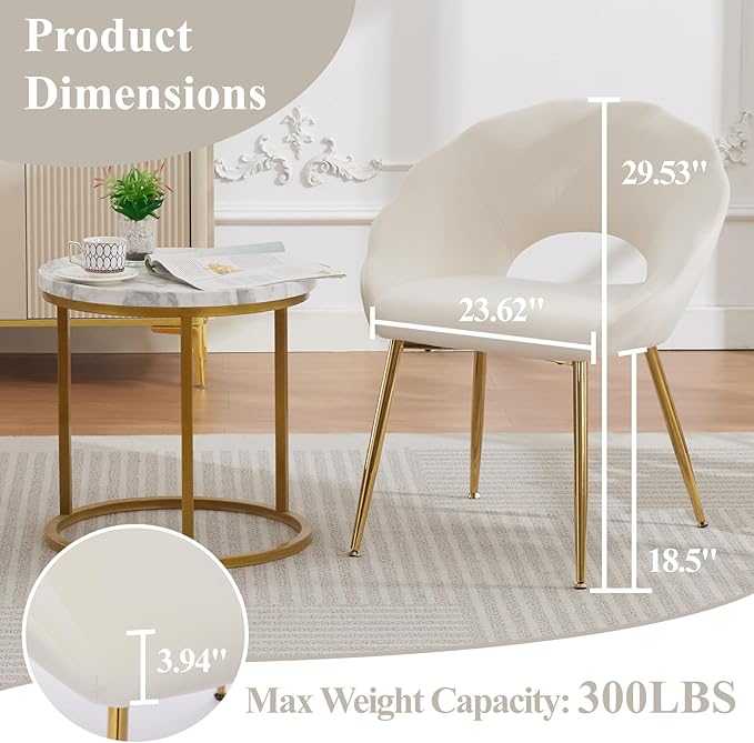 Modern Small Accent Chair Set of 4, Comfy Velvet Vanity Chair with Shell Back & Golden Metal Legs, Decorative Dining Chair no Wheels for Living Room, Makeup Room, Bedroom, Beige