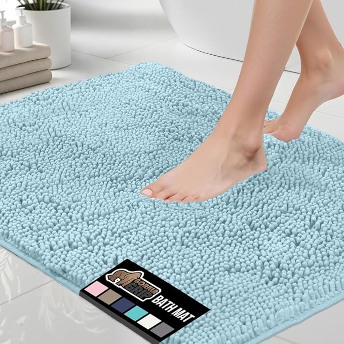 GORILLA GRIP Bath Rug Mat 36x24, Thick Soft Absorbent Chenille, Quick Dry Microfiber Mats, Rubber Backing Washable Shower Floor Rugs, Bathmat Runner, US Designed Bathroom Home Decor Accessories Sky