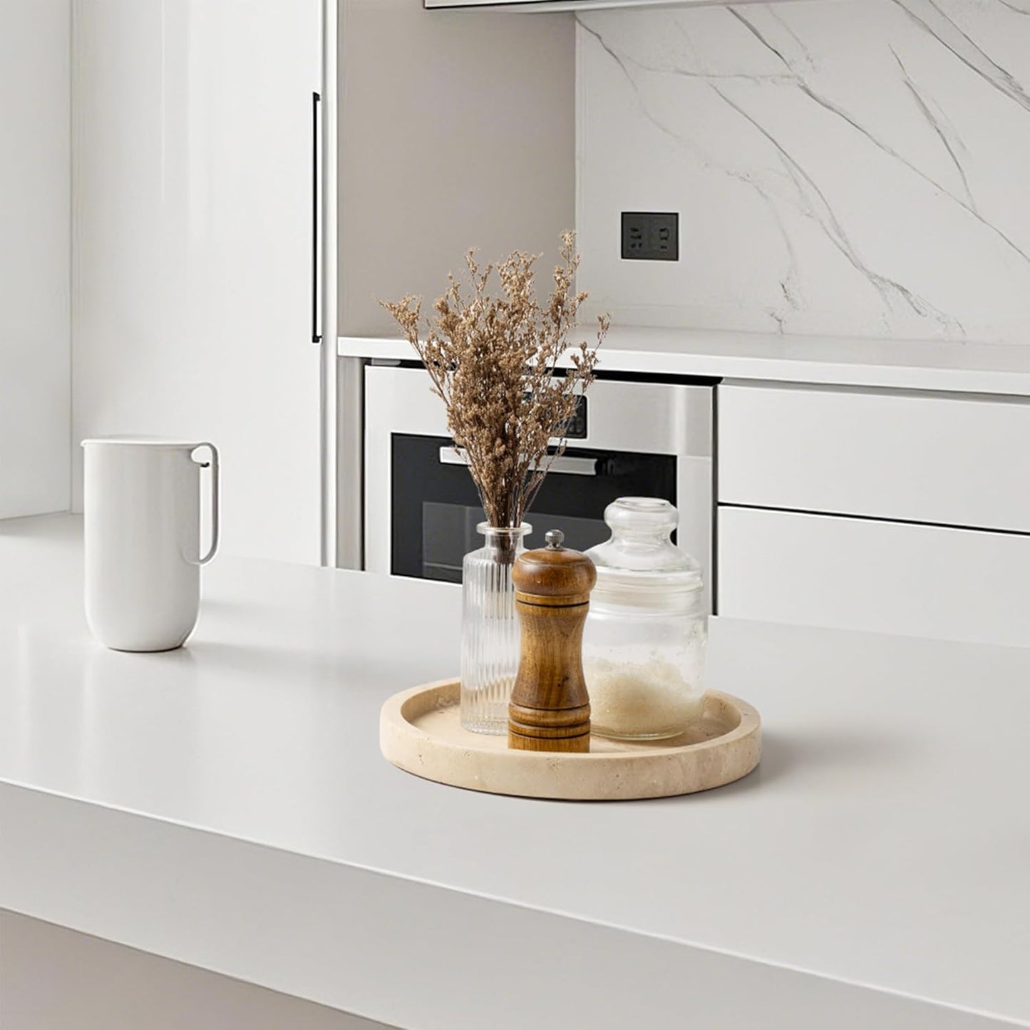 WORHE Natural Marble Vanity Tray for Bathroom Kitchen Dresser, Travertine Stone Decorative Trays for Jewelry, Perfume, Cosmetic, Candle, Round Countertop Storage Organizer for Home Decor Beige (WH019)