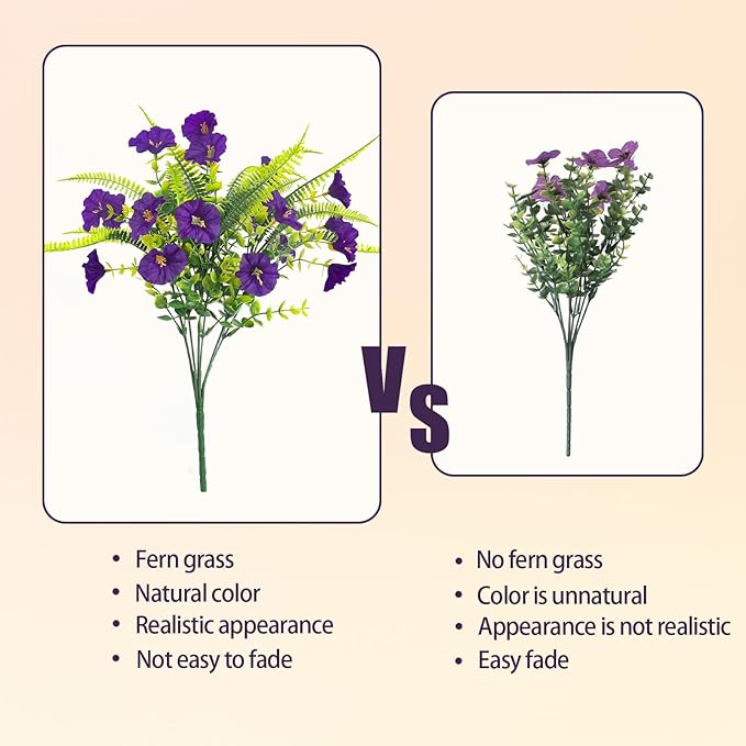 Artificial Flowers Outdoors 12 Bundles Artificial Petunias Fake Flowers UV Resistant Shrubs Plants with Fern for Indoor Outside Hanging Planters Home Garden Summer Decorations (Purple)