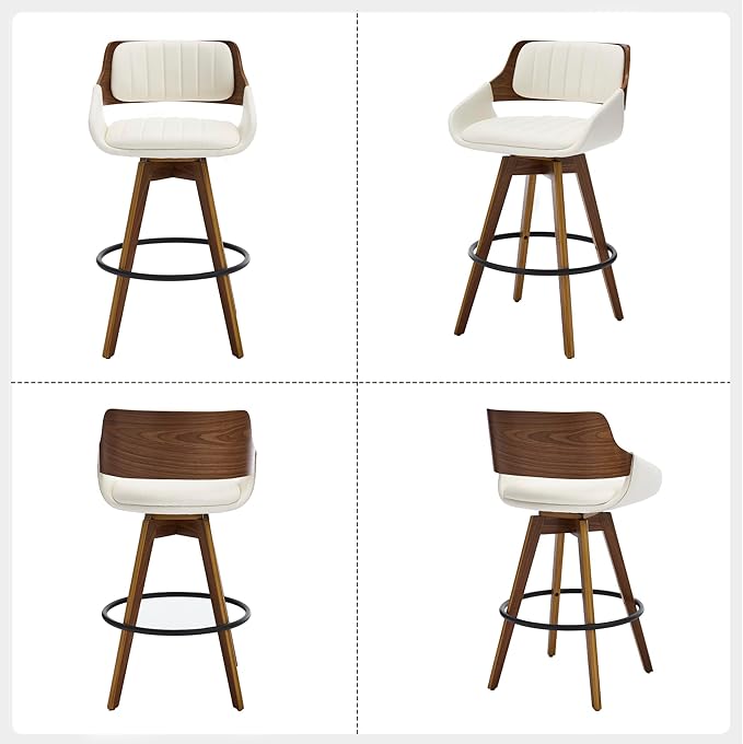 Swivel Bar Stools Set of 2, Walnut Counter Height Bar Stools with Back and Arms, 26" Modern Faux Leather Upholstered Bar Chairs for Kitchen Island Bar-Beige