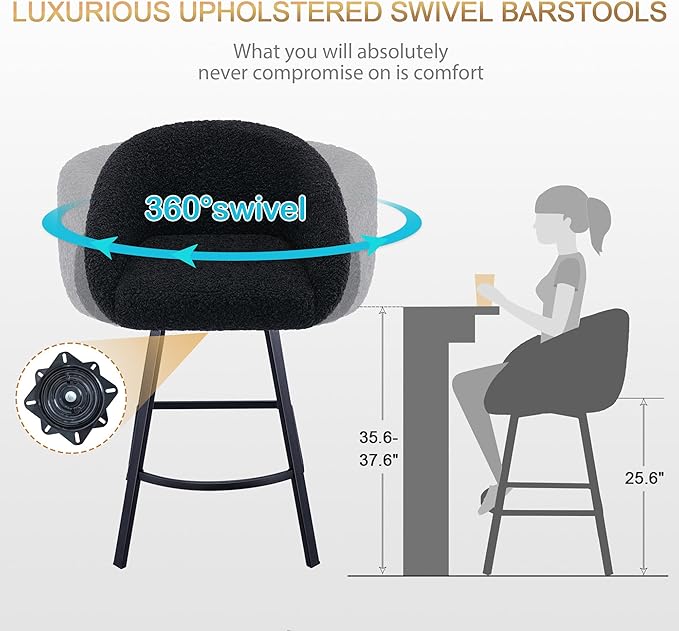 Zesthouse 26'' Modern Counter Height Bar Stools Set of 3, Swivel Barstools with Arms & Backs for Kitchen Counter, Upholstered Black Sherpa Fabric Bar Stools, Kitchen Island Chairs with Metal Legs