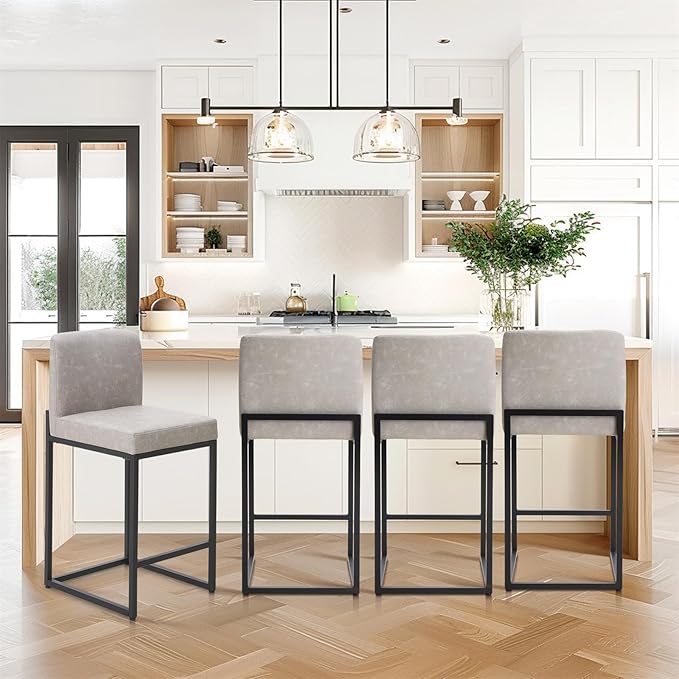 Sophia & William Light Grey Bar Stools Set of 3, Modern PU Leather Counter Height Barstools with Back, 24" Kitchen Island Bar Chairs