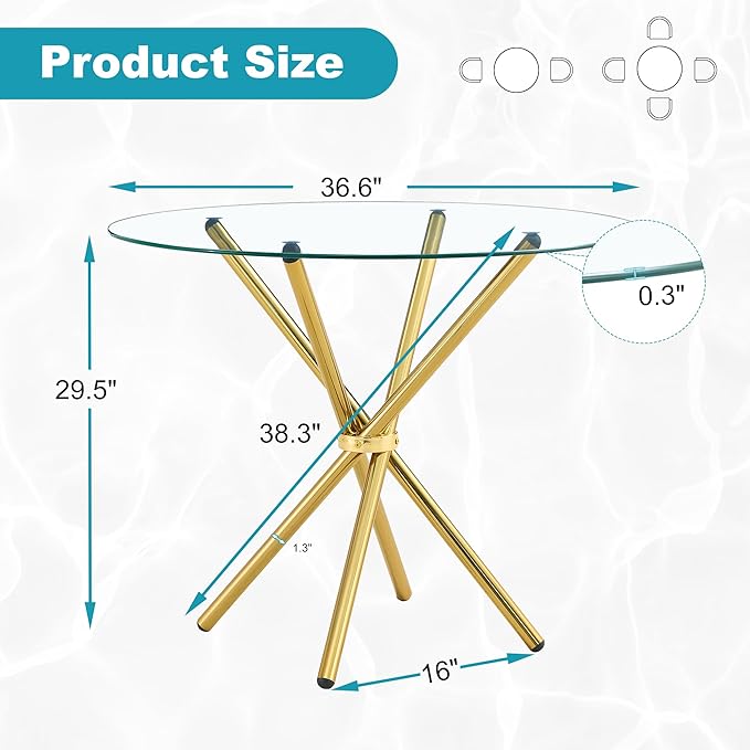 Kitchen Table for 2 Modern 36.6" Round Glass Table Small Tables with Trestle Metal Leg for Living Room and Apartment, Gold