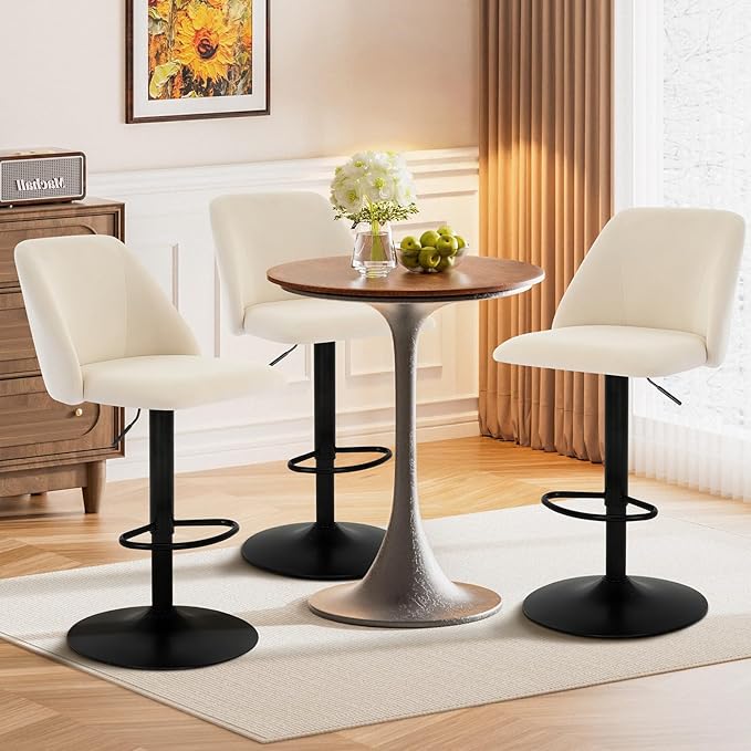 COLAMY Bar Stools Set of 3, Modern Swivel Bar Chairs, Adjustable Upholstered Barstools Counter Height with Full Backrest for Bar, Dining Room, Kitchen Island, Beige