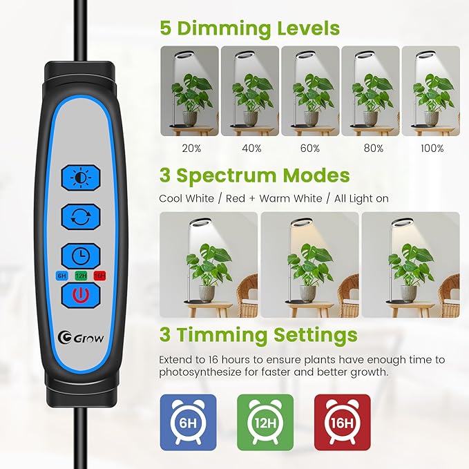 Grow Lights for Indoor Plants, 80 LEDs Full Spectrum Plant Light for Indoor Growing with 2 Mounting Options, 6/12/16H Timer, 3 Spectrum Modes, 37 in Height Adjustable Desk Grow Lamp (Black)