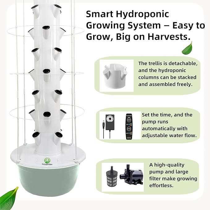 Hydroponic Growing System Kit, Vertical Hydroponic Tower with Trellis, Indoor & Outdoor Herb Garden, Vegetable Tower with 40 Planting Pods, Automatic Timer, Ideal for Gardeners & Beginners