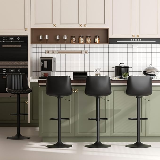 JAMFLY Bar Stools Set of 4, Swivel Bar Height Chairs Set of 4, Adjustable Tall Leather Bar Stools for Kitchen Island, Black