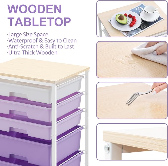 Utility Cart with 5 Drawers,Storage Drawer Cart with Wooden Tabletop and Lockable Wheels,Craft Storage Trolley Cart,5-Tier Rolling Utility Cart on Wheels,Purple