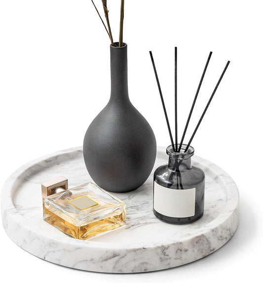 WORHE Natural Marble Decorative Tray for Bathroom Bedroom Kitchen Dresser, Round Vanity Trays for Jewelry, Perfume, Cosmetic, Candle, Countertop Storage Organizer for Home Decor Color White (TP601)