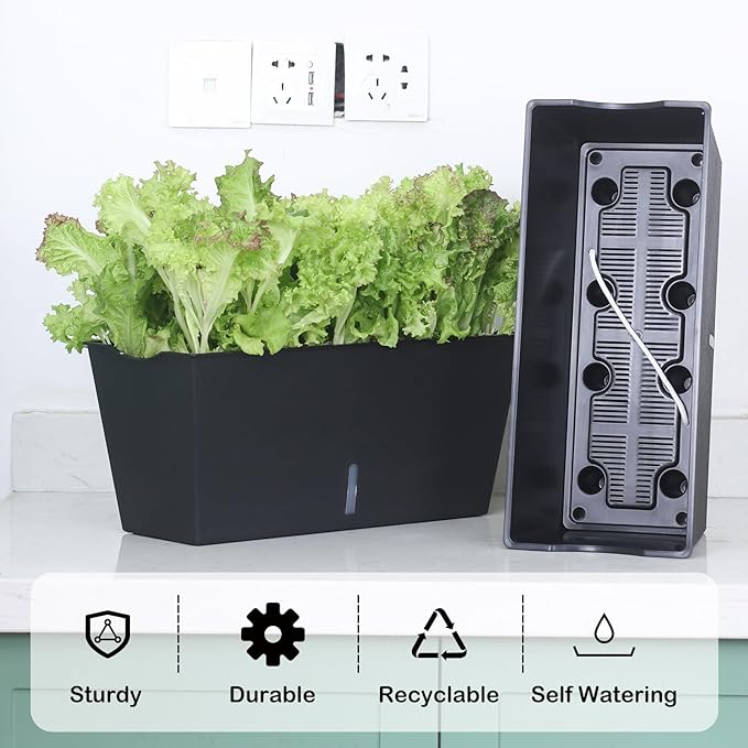 Window Box Planter 6 Pcs, 16.5 Inches Self Watering Rectangle Flower Plant Pots with Drainage Holes Trays, Vegetable Planters for Windowsill Patio Garden Balcony Porch Yard (Black)
