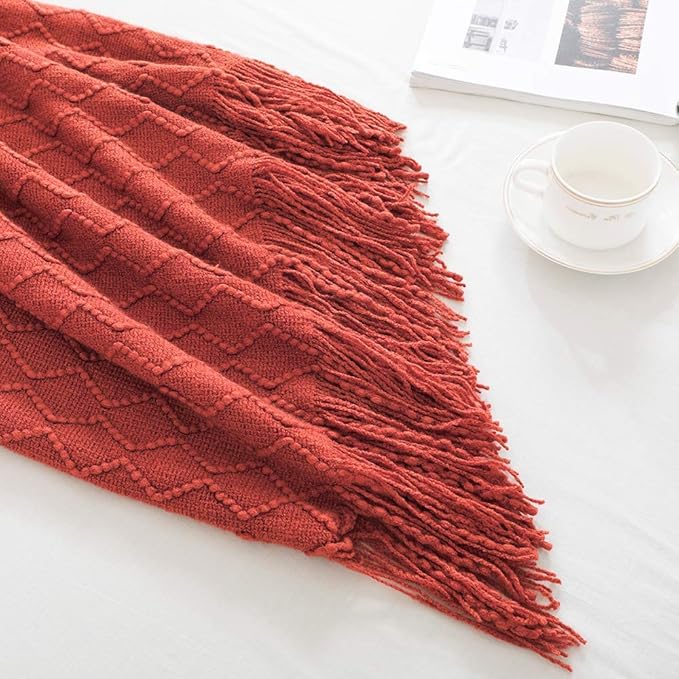 BOURINA Rust Throw Blanket 50x60 Inches Throw Textured Solid Soft Sofa Throw Couch Knitted Decorative Blanket
