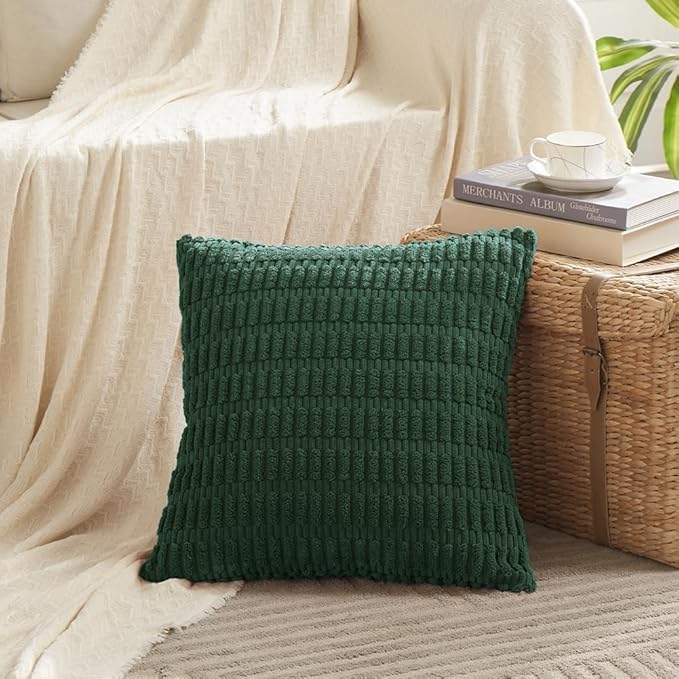 Fancy Homi Set of 4 Dark Green Boho Decorative Throw Pillow Covers 16x16 Inch for Couch Bed Sofa, Aesthetic Modern Bohemian Room Decor, Soft Fuzzy Fluffy Cozy Corduroy Textured Cushion Case 40x40cm