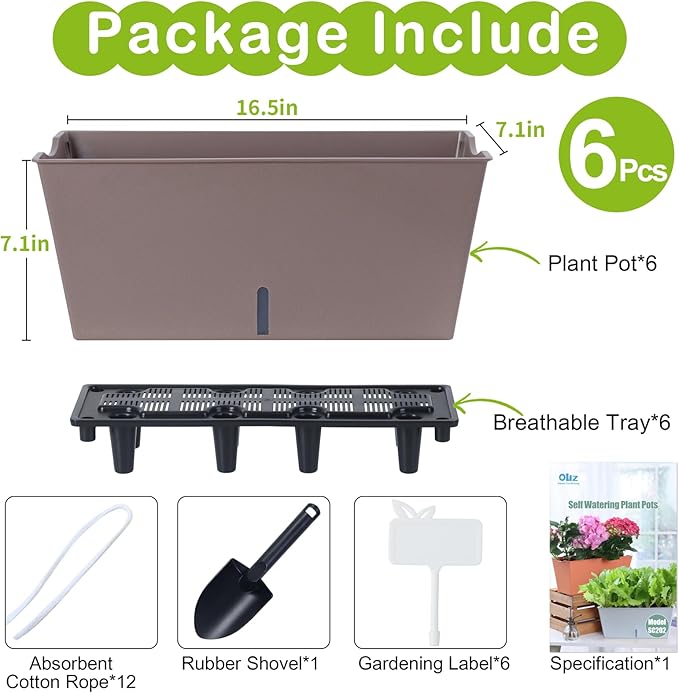 Window Box Planter 6 Pcs, 16.5 Inches Self Watering Rectangle Flower Plant Pots with Drainage Holes Trays, Vegetable Planters for Windowsill Patio Garden Balcony Porch Yard (Khaki)