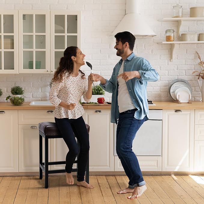 Sweetcrispy Bar Stools Set of 4, 24 Inch Counter Height Stools, PU Leather Upholstered Bar Chairs with Footrest, Modern Bar Stools for Kitchen Island, Dining, Living Room, Modern Brown