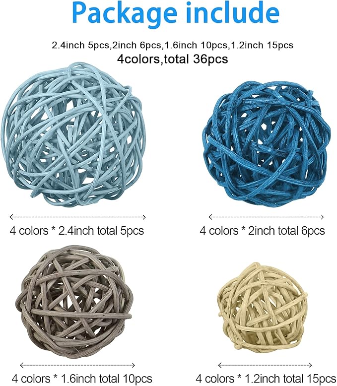 Patelai 36 Pcs Wicker Rattan Balls Decorative Balls for Vase Centerpiece Bowls Orbs Filler for Home Decor,4 Sizes(Cute Color)