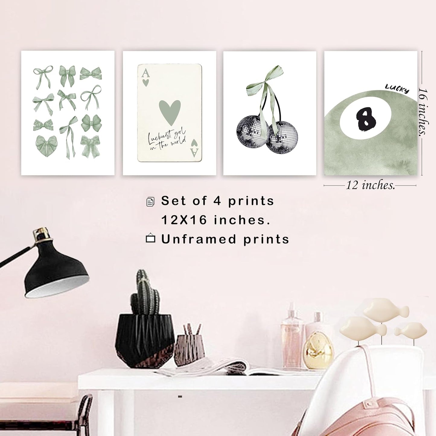 okaxscm Sage Green Coquette Trendy Preppy Wall Art Prints Set of 4, Coquette Preppy Room Decor Aesthetic, Green Bow Disco 8 Ball Cherry Wall Decor Posters for Girls Bedroom Dorm, 12x16 Unframed