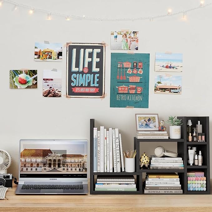 Desk Shelves Desktop Orgnizer Shlef - Black Office Organization for Top of Desk Organizers and Accessories Corner Bookshelf Table Top Shelving Small Hutch Decorations for Office