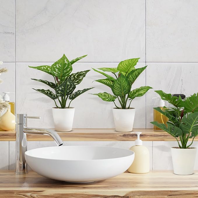 3 Pcs Small Fake Plants Artificial Potted Plant Indoor Faux Tropical Plant for Home Office Table Shelf Desktop Décor (11.8 Inch)