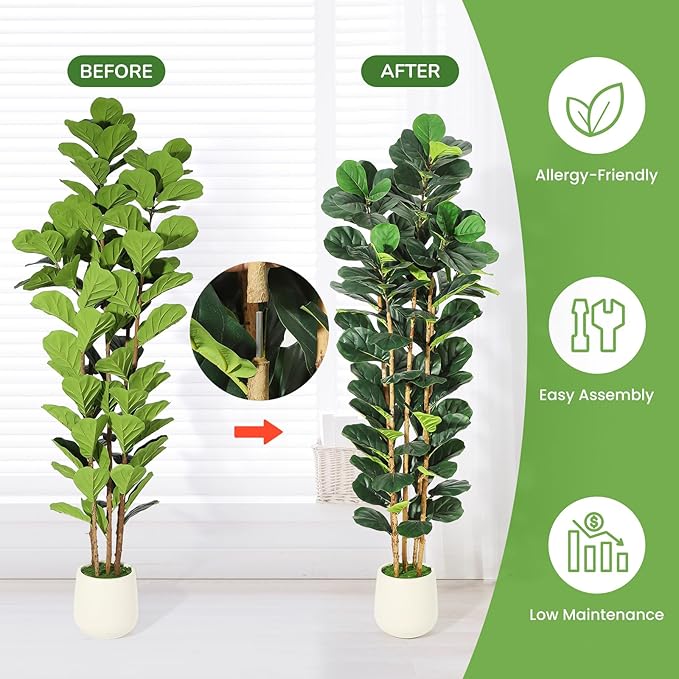 GarveeHome 7FT Faux Fiddle Leaf Fig Tree with White Pot, Faux Trees with Artificial Plants 107 Fiddle Leaves Greenery - Lifelike Fake Tree for Home Office Store Room Decor Indoor Outdoor