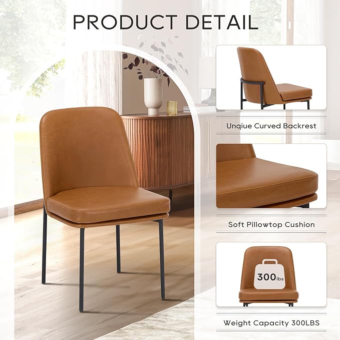 COLAMY Modern Dining Chairs Set of 2, Faux Leather Upholstered Dining Room Chairs Kitchen Chairs Dinner Chair with Curved Back and Metal Legs, Brown