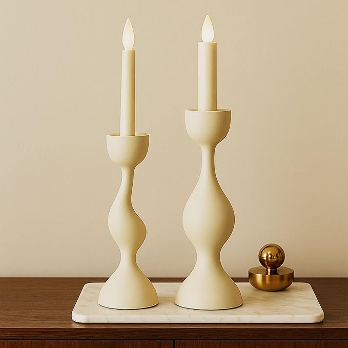 Smtyle Ivory Tapered Candlestick Holders Cast Aluminum Candle Stick Holders Set of 2 for Taper Candles,Home Decor, Dining Table or Mantel