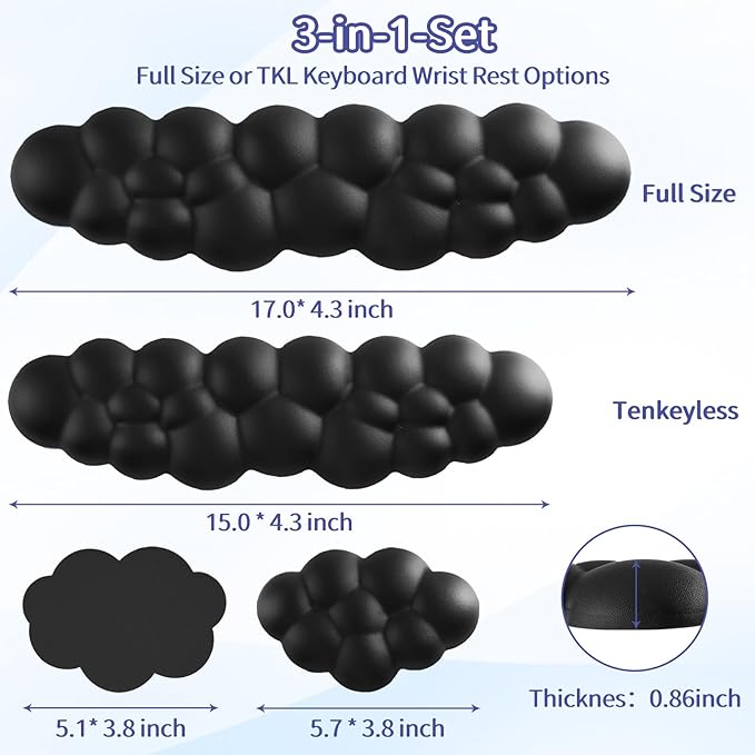 Cloud Wrist Rest Keyboard, Cloud Keyboard Wrist Pad Set with PU Leather Memory Foam, Cute Arm Rest for Palm Support, PC/Gaming Desk Accessories/Office Setup/Computer Hand Cushion - Black