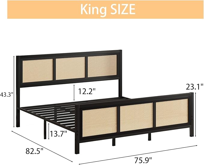 Rattan Bed Frame King, Boho King Bed Frame and Headboard, Metal Platform King Size Bed Frames with Strong Slats Support, No Box Spring Needed, Noise Free, Easy Assembly, Black