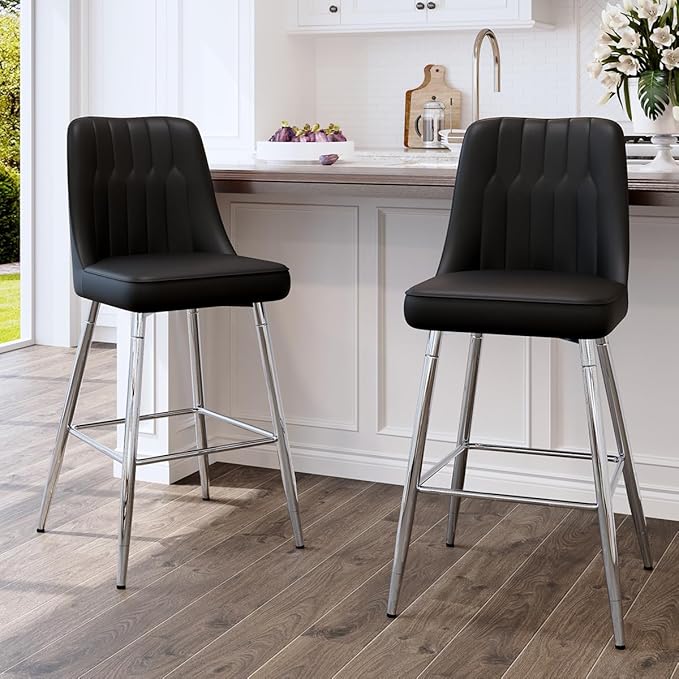 Bar Stools Set of 4,Counter Height Bar Stools with Back,Modern Faux Leather Kitchen Stools,27"Black Barstools with Stable Metal Leg,Armless Counter Height Chair for Kitchen Island,Coffee Corner