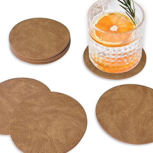 Set of 8 Morgan Faux Leather 4 Inch Round Coasters, Heat & Water Absorbent, Natural Style, Drinks Tabletop Home Dinning, Camel