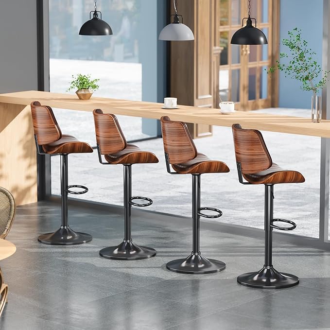Swivel Bar Stools Set of 4, Adjustable Bentwood Barstools for Kitchen Counter, Modern PU Leather Upholstered Bar Chair with Back and Footrest, for Kitchen Island, Bar, Dining Room, Brown
