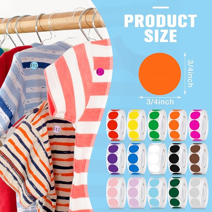 15000 Pcs 3/4 in Round Color Coding Labels Roll Adhesive Solid Colors Dot Stickers Assorted Colored Circle Dot Label for Back to School Inventory Organize File Classification, 15 Colors